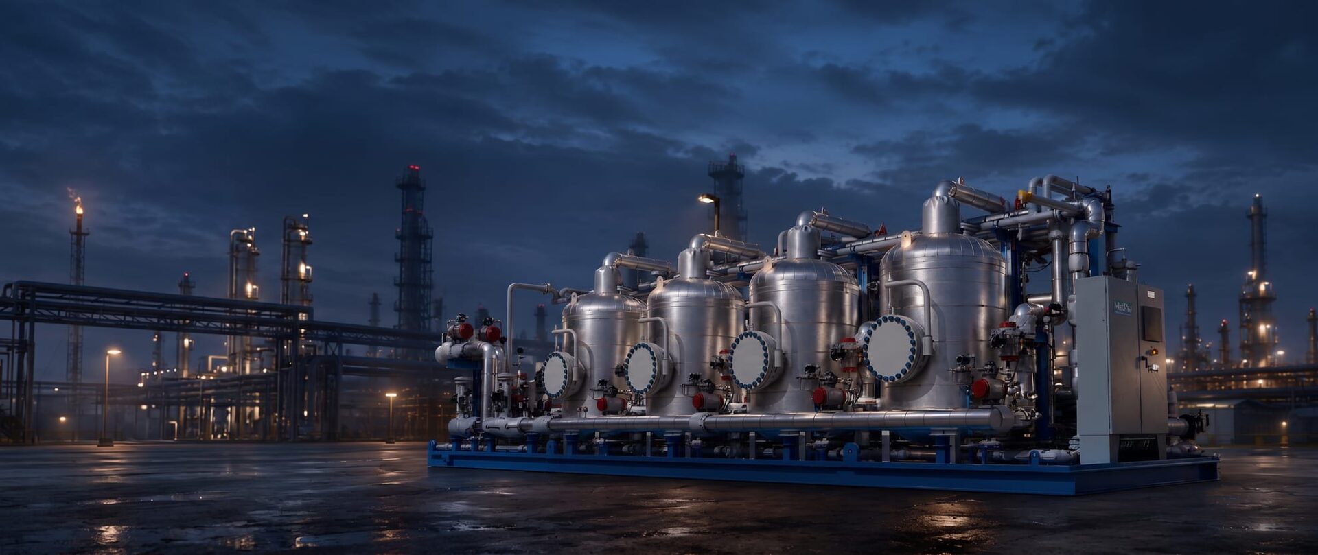 MaCH4 NGL recovery units installed at a compressor station at dusk
