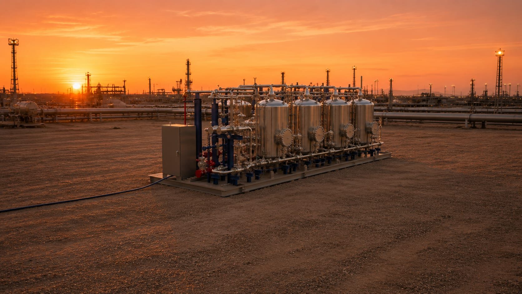 MaCH4 NGL recovery skid operating at a well site at sunset